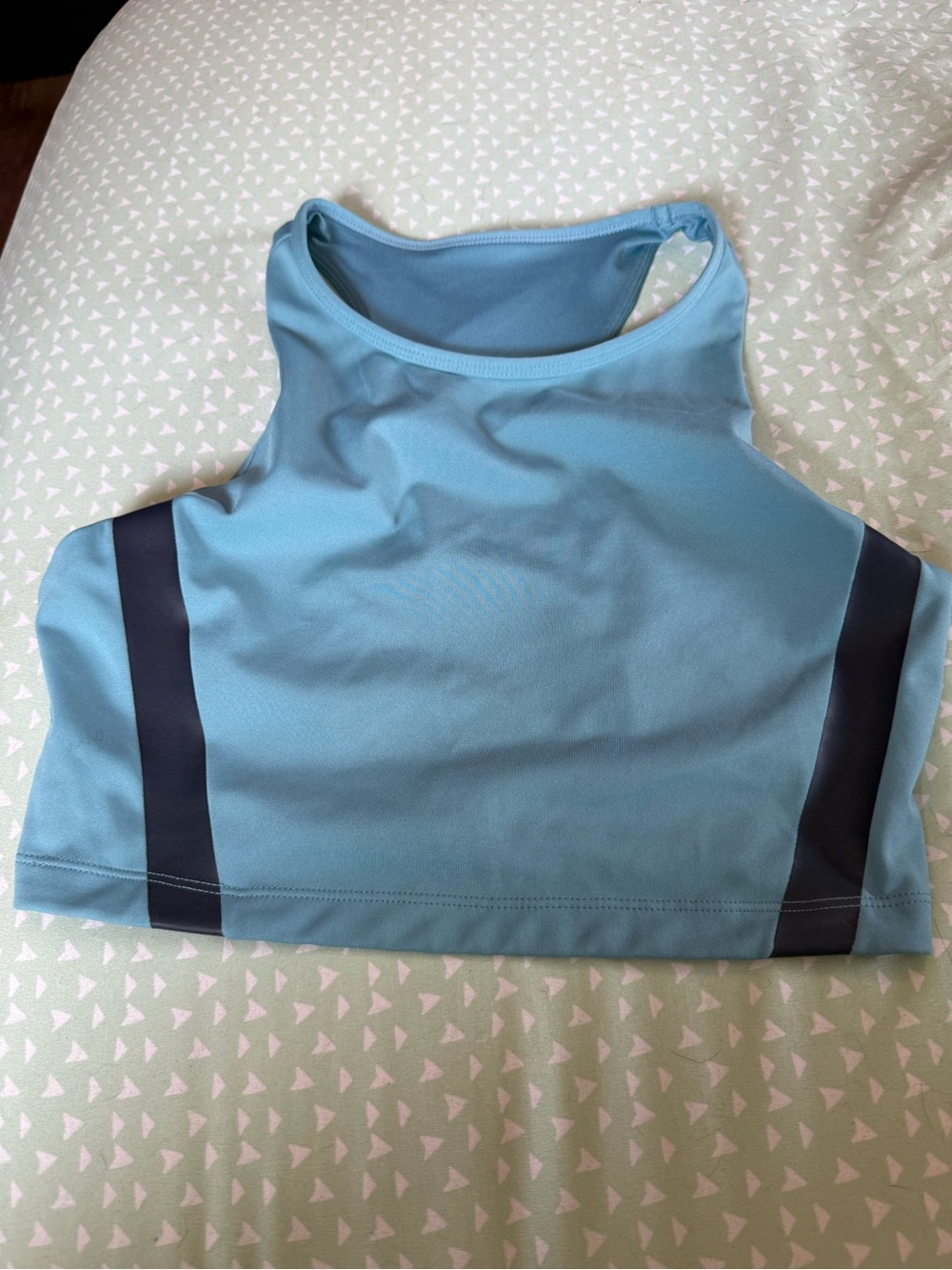 JoyLab Sky Blue High-Neck Crop Sports Bra with Navy Side Stripes